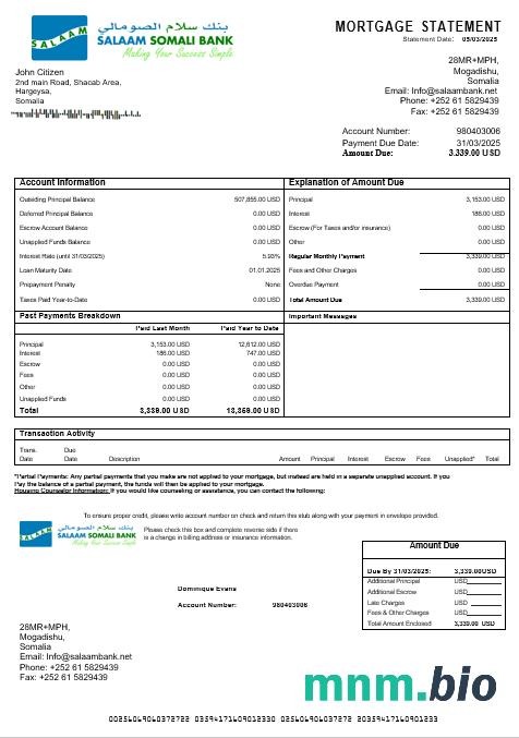 Somalia Salaam Somali Bank wyciąg z kredytu hipotecznego w formatach Word i PDF